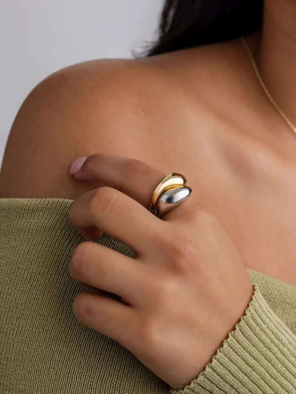 Chunky Two-Tone Wavy Dome Rings Set | 14K Gold Plated Statement Jewelry for